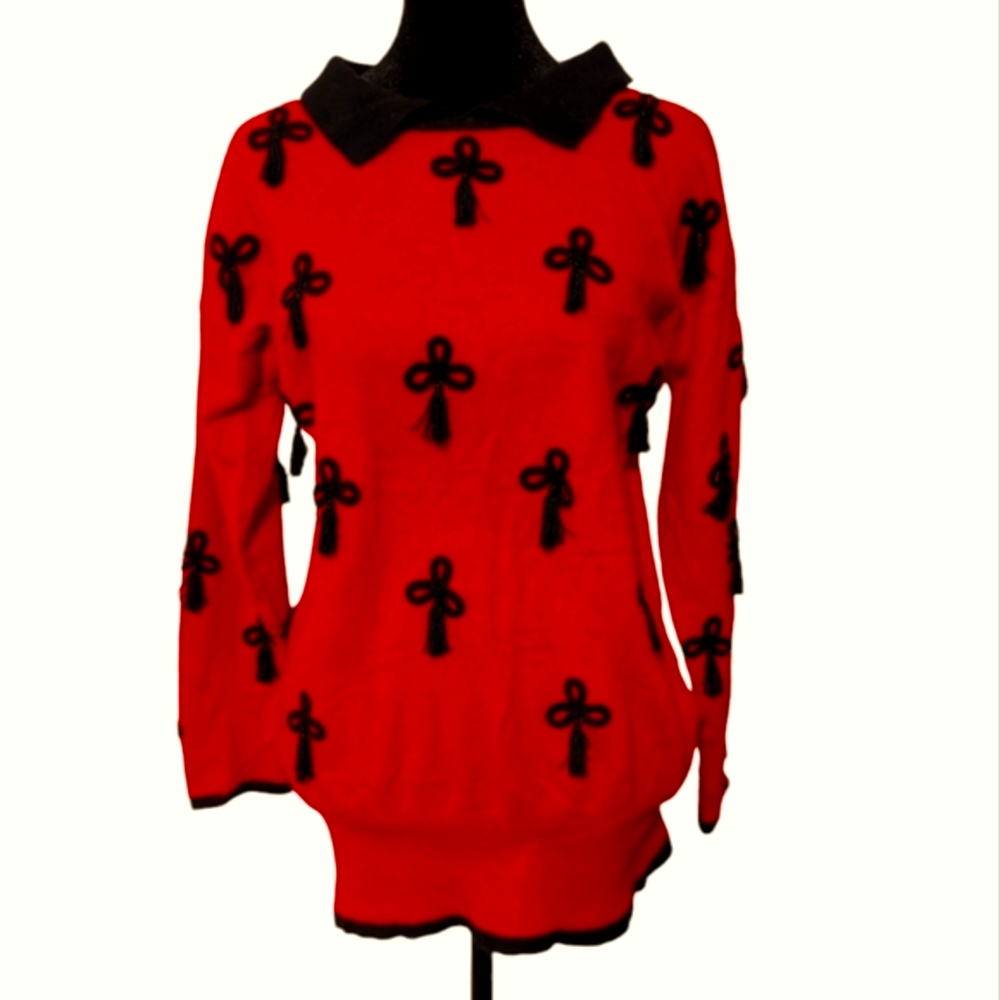 Liz Claiborne Red and Black Tassel Lambswool Angora Sweater